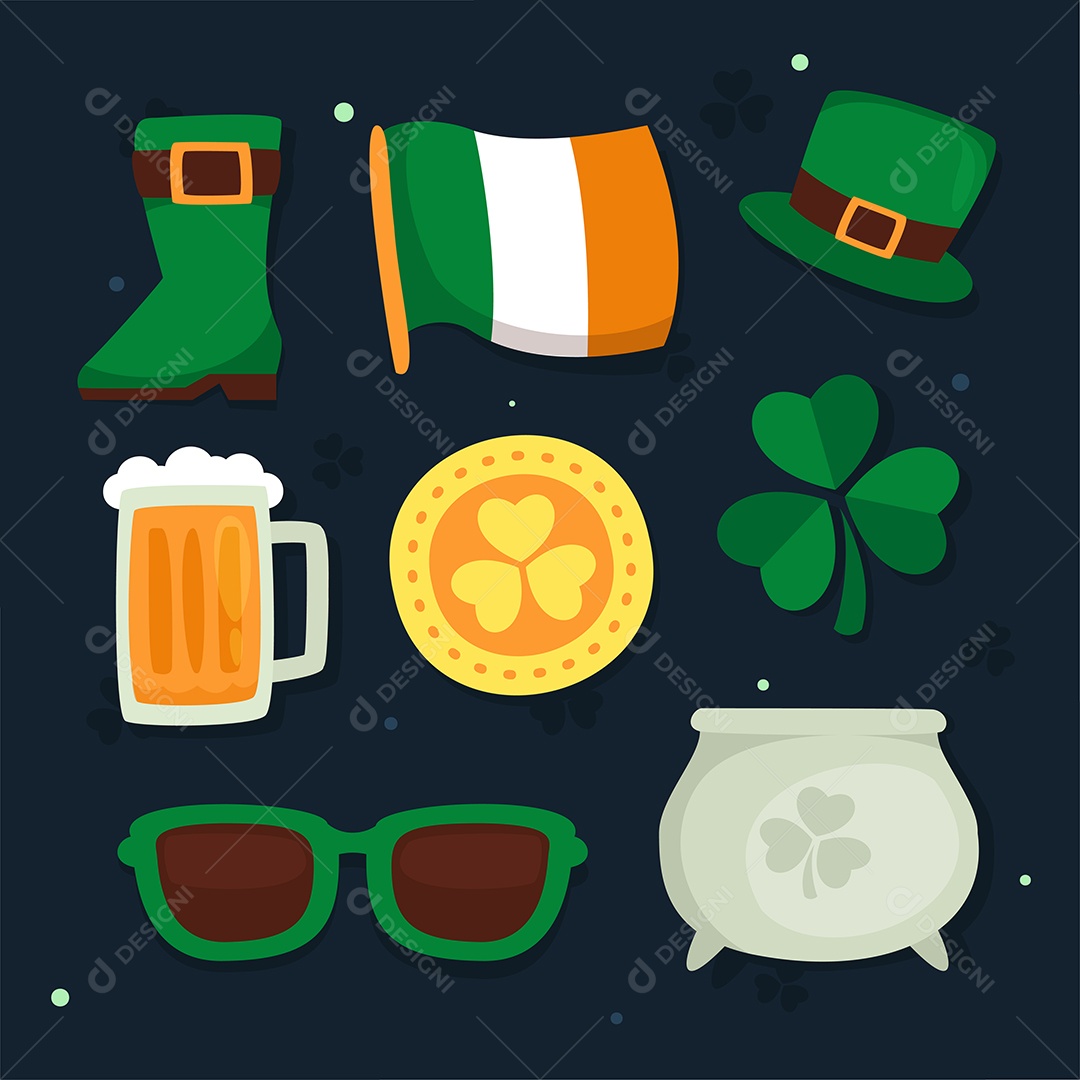 Conjunto de Ilustrações do Dia de São Patrício Vetor EPS