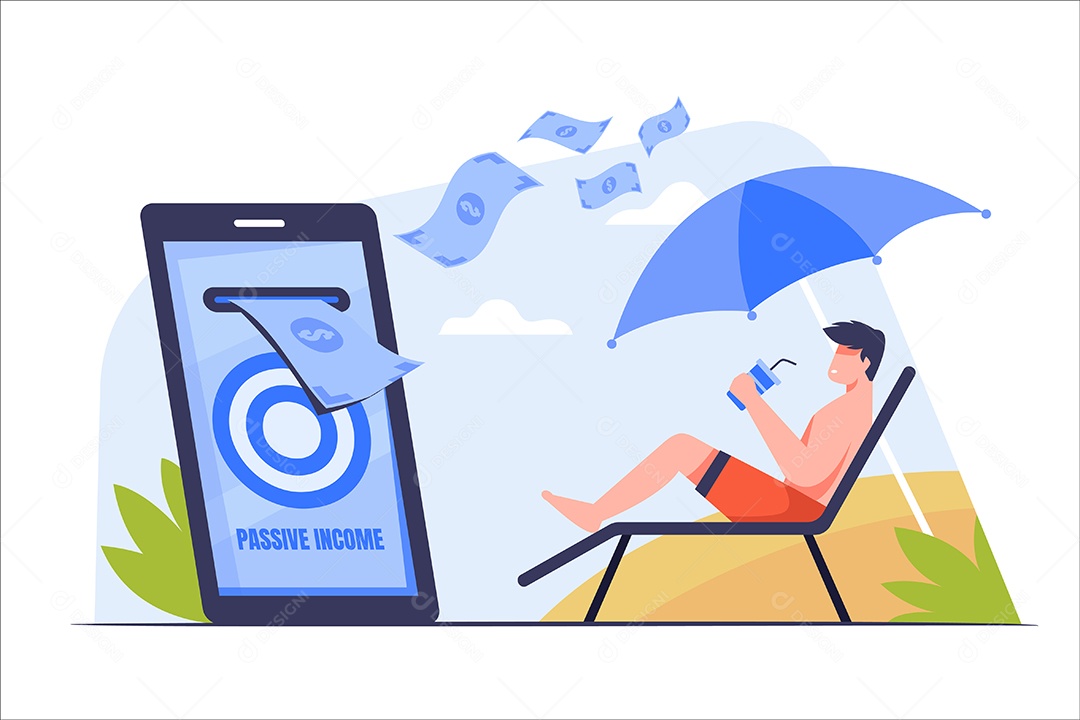 Homem Relaxando Na Praia Enquanto o Dinheiro Aumenta Vetor EPS