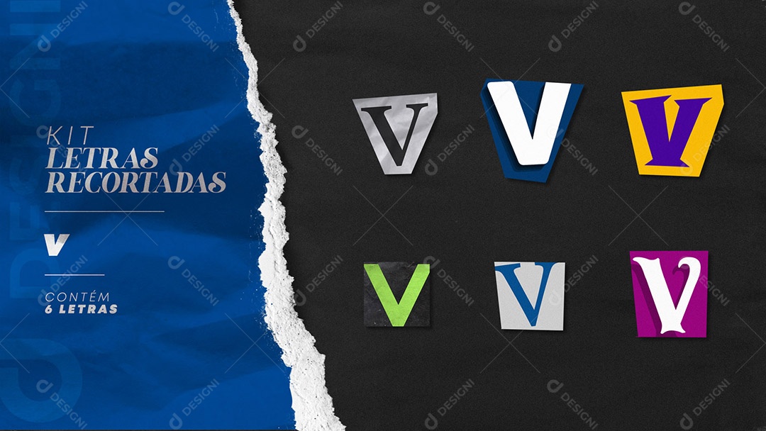 Kit de Letras Coloridas v Minúsculas Recortados para Composição PSD