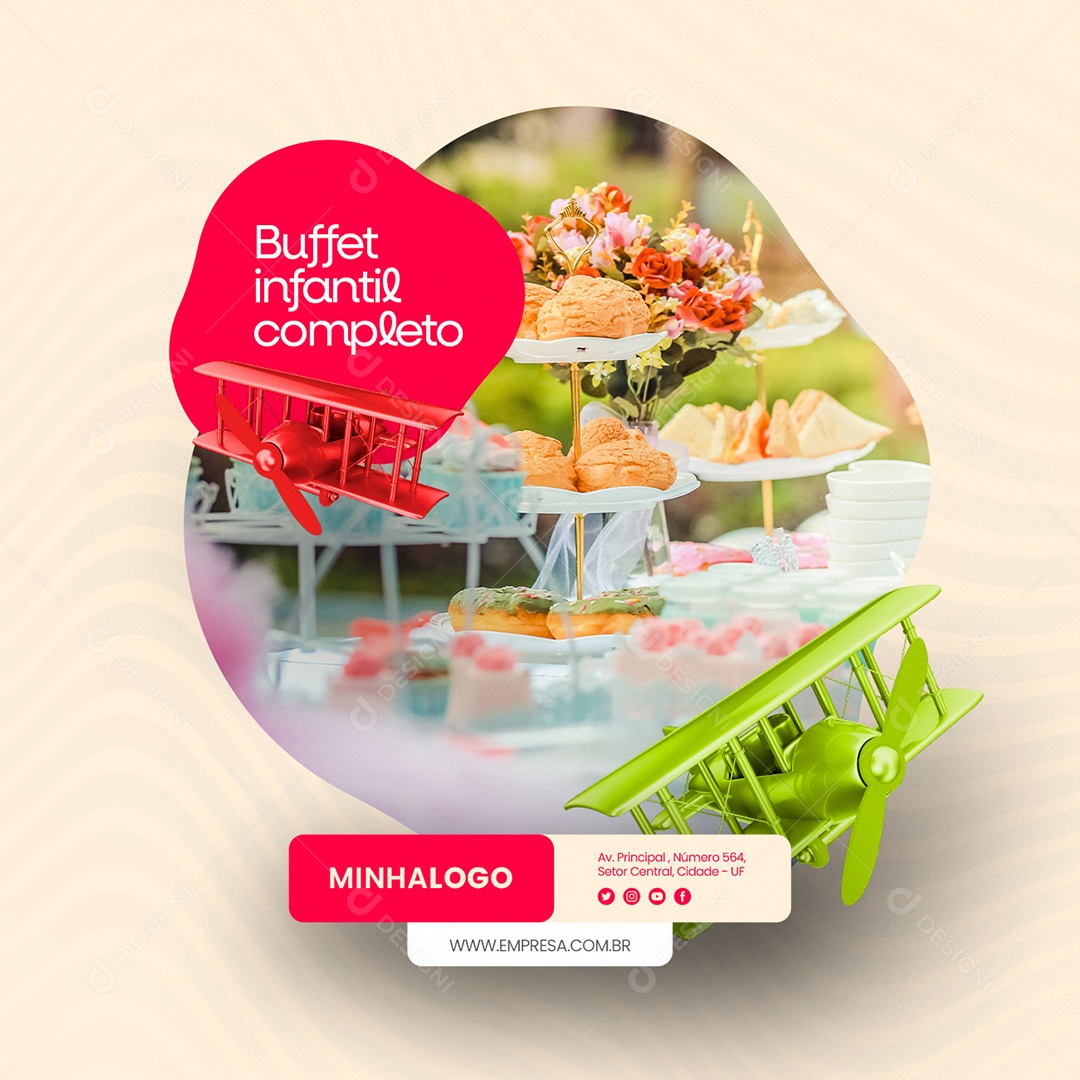 Buffet Infantil Completo Doces Comidas e Diversão Social Media PSD Editável