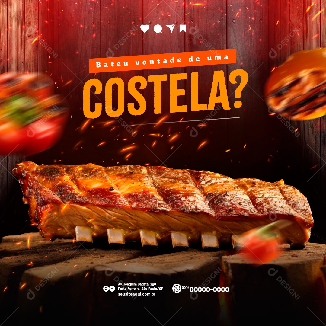 Churrascaria Bateu Vontade de Uma Costela Assada Social Media PSD Editável