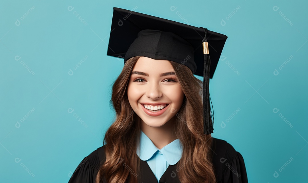 Jovem sorridente estudante com chapéu de formatura