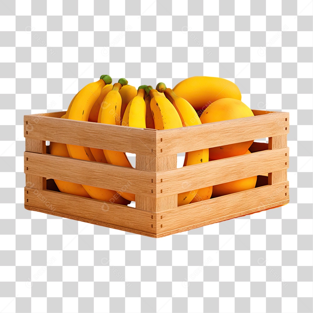 Caixa de Madeira com Verduras Frutas e Legumes PNG Transparente