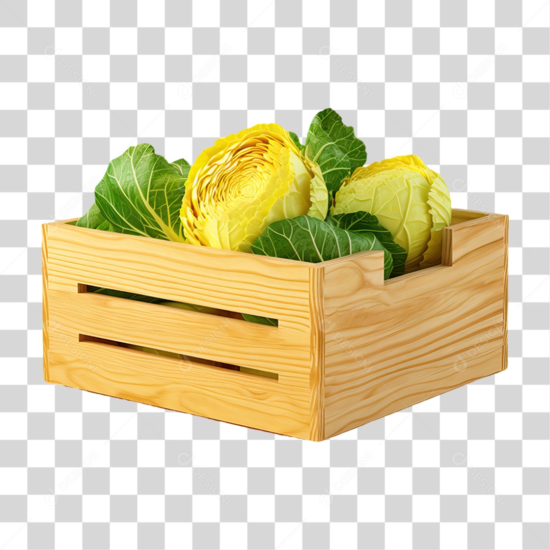 Caixa de Madeira com Verduras Frutas e Legumes PNG Transparente