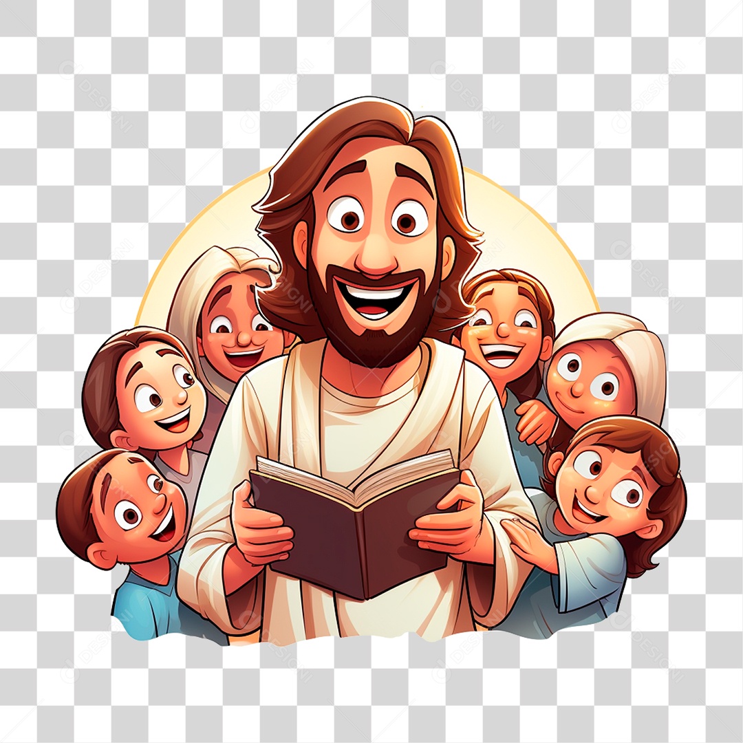 Jesus com Crianças em Desenho PNG Transparente