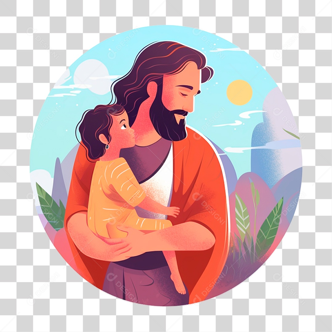 Jesus com Criança no Colo em Desenho PNG Transparente