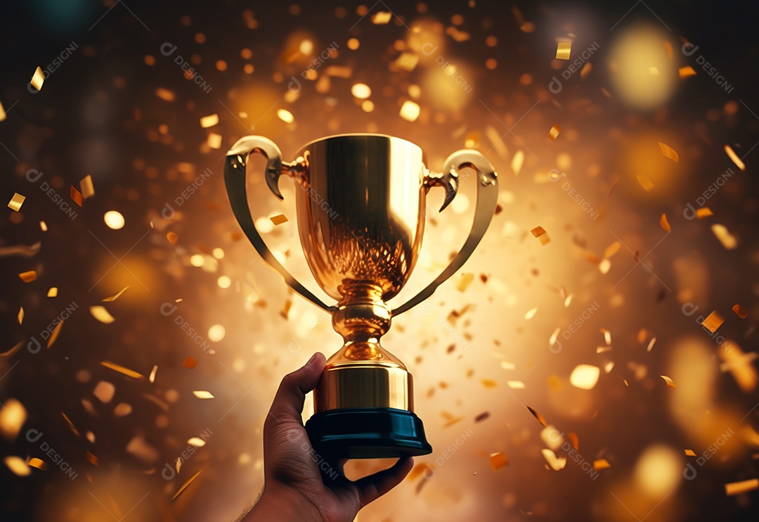Mão segurando a taça do troféu de ouro com confete comemorar
