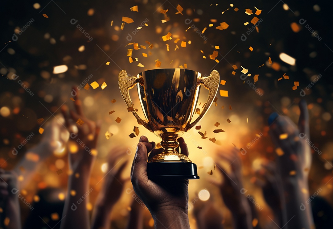 Mão segurando a taça do troféu de ouro com confete comemorar