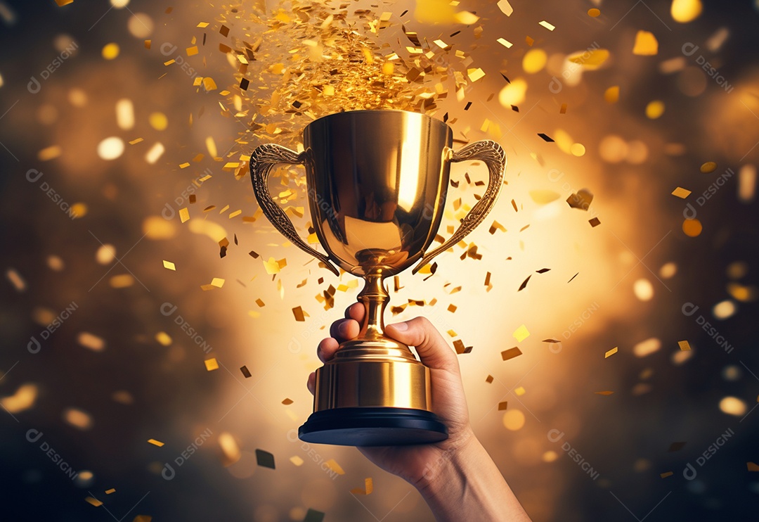 Mão segurando a taça do troféu de ouro com confete comemorar