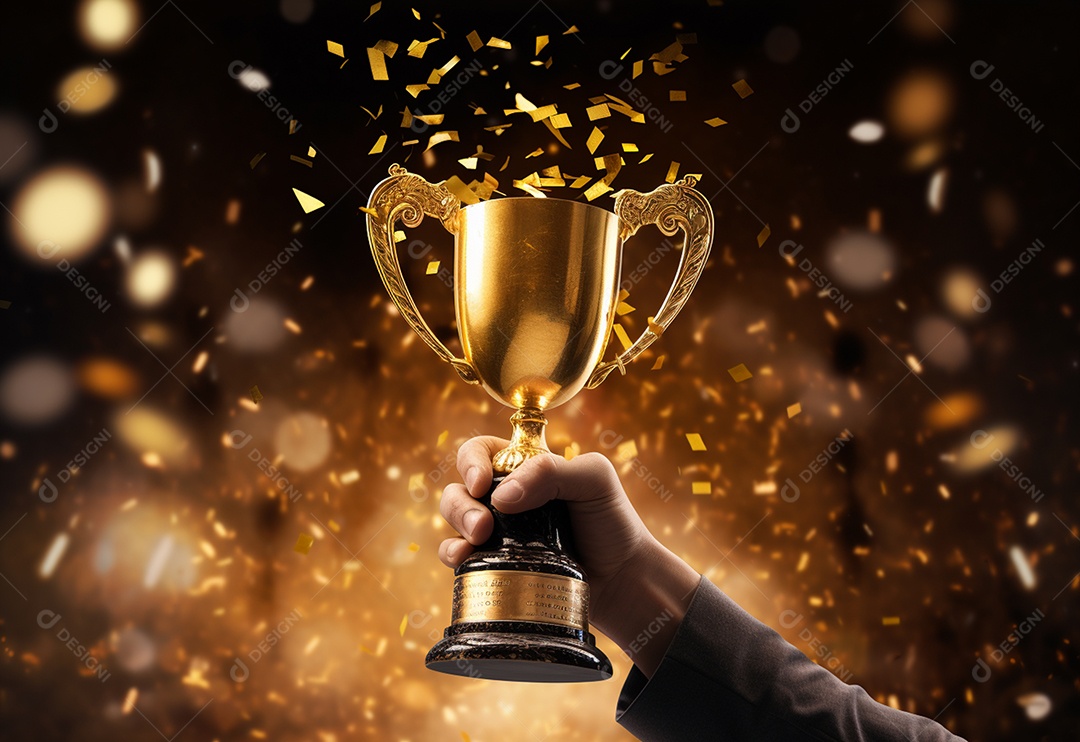 Mão segurando a taça do troféu de ouro com confete comemorar