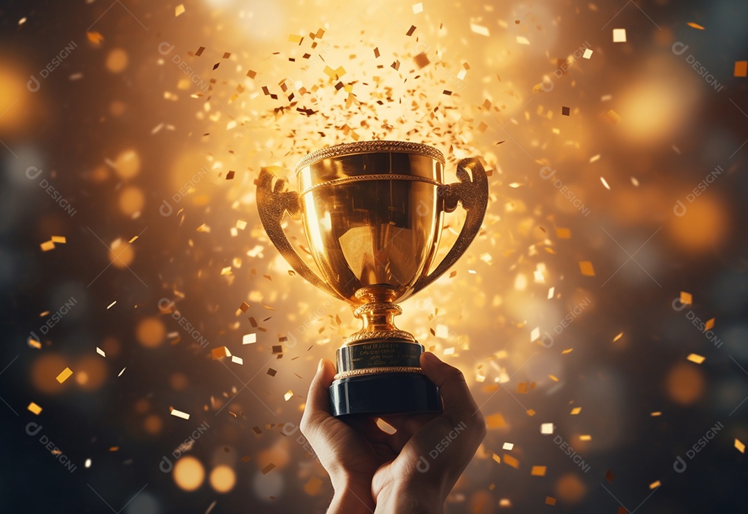 Mão segurando a taça do troféu de ouro com confete comemorar