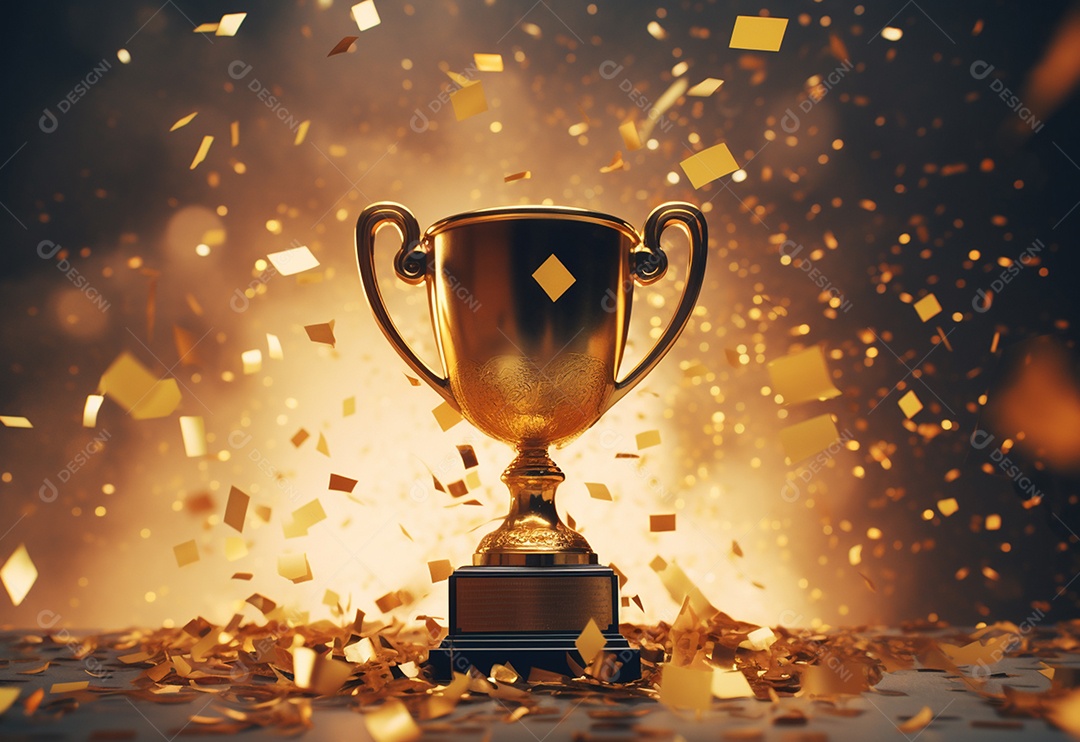 Mão segurando a taça do troféu de ouro com confete comemorar