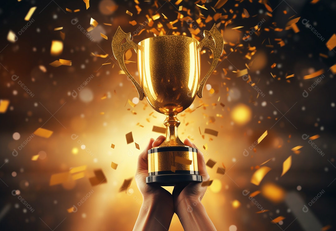 Mão segurando a taça do troféu de ouro com confete comemorar