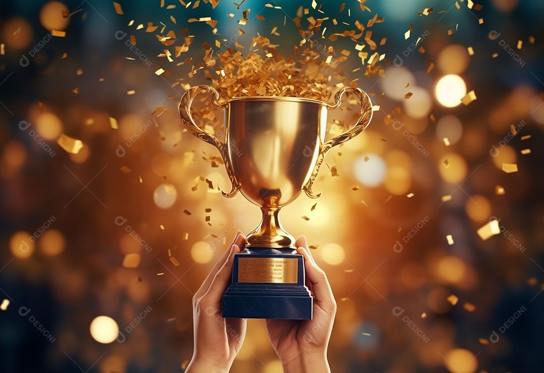 Mão segurando a taça do troféu de ouro com confete comemorar