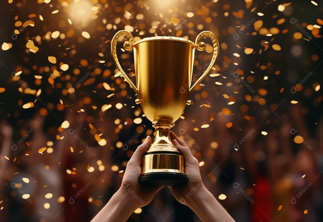 Mão segurando a taça do troféu de ouro com confete comemorar