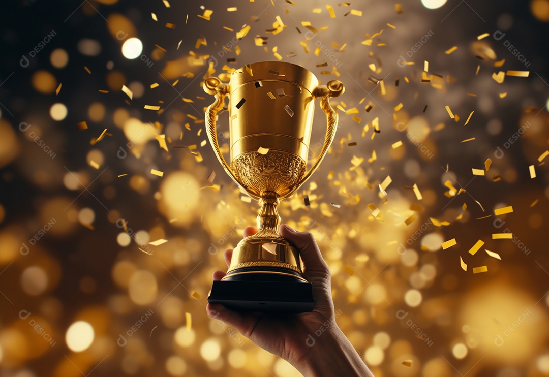 Mão segurando a taça do troféu de ouro com confete comemorar