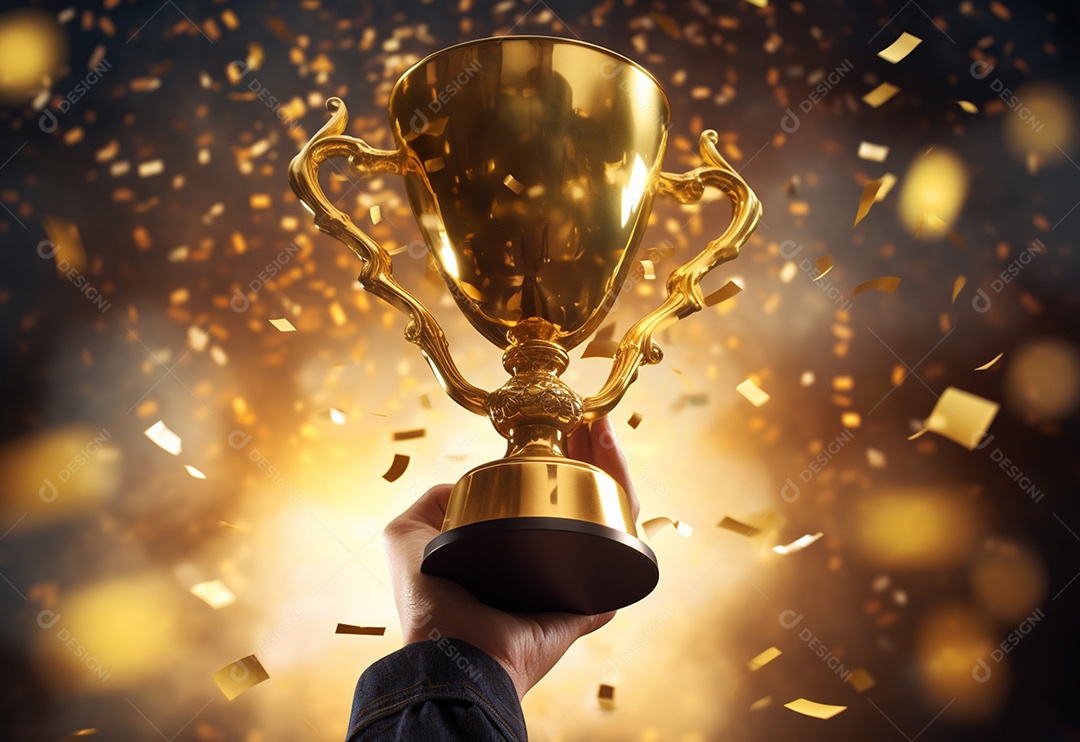 Mão segurando a taça do troféu de ouro com confete comemorar