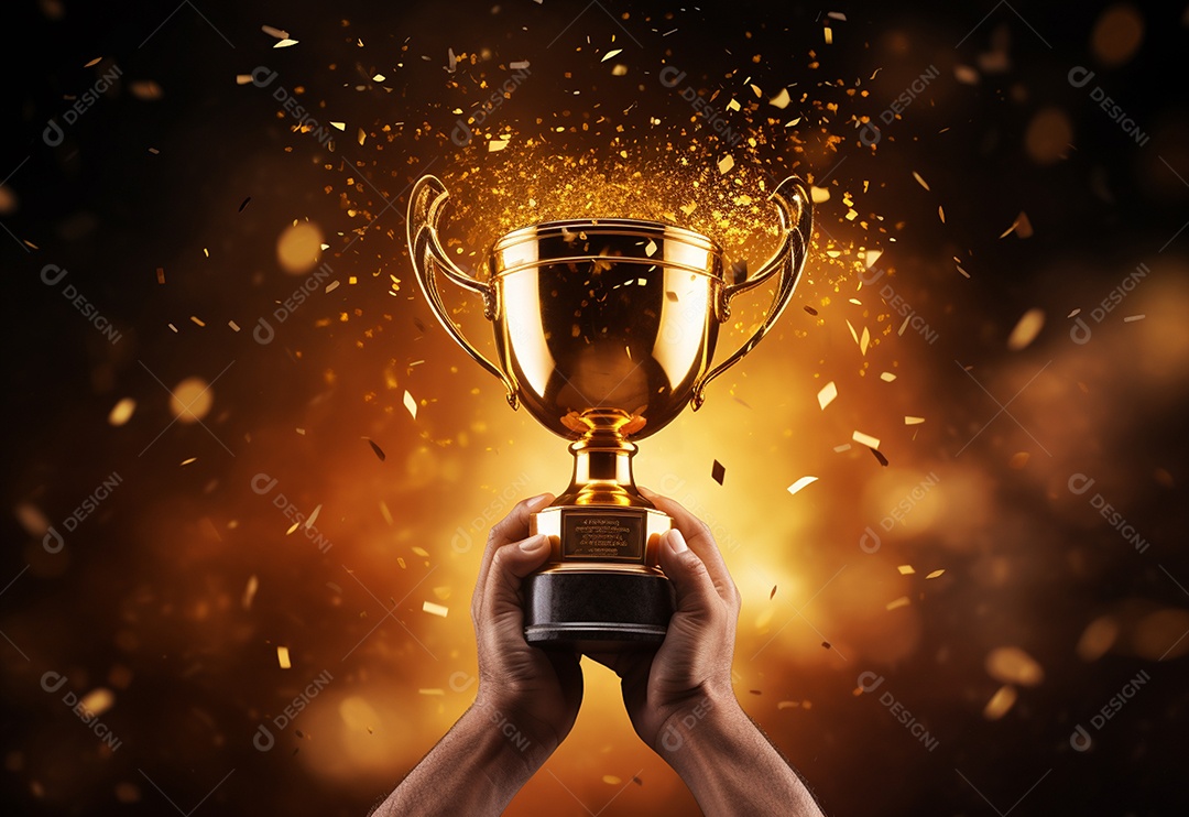 Mão segurando a taça do troféu de ouro com confete comemorar