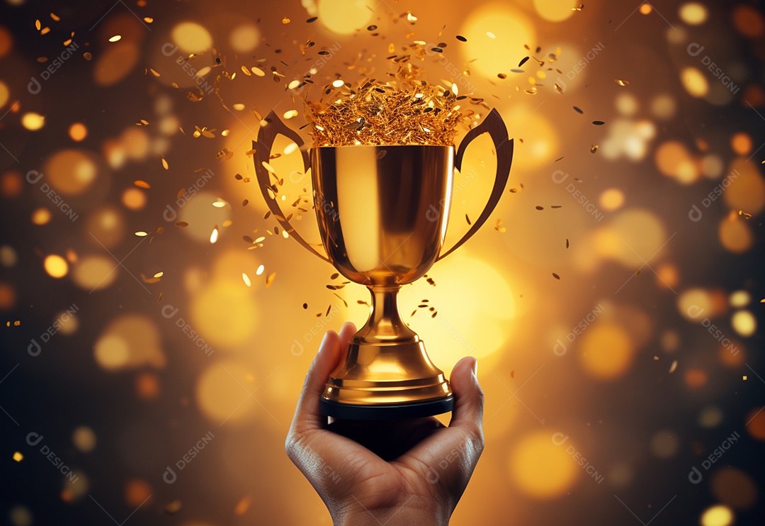 Mão segurando a taça do troféu de ouro com confete comemorar