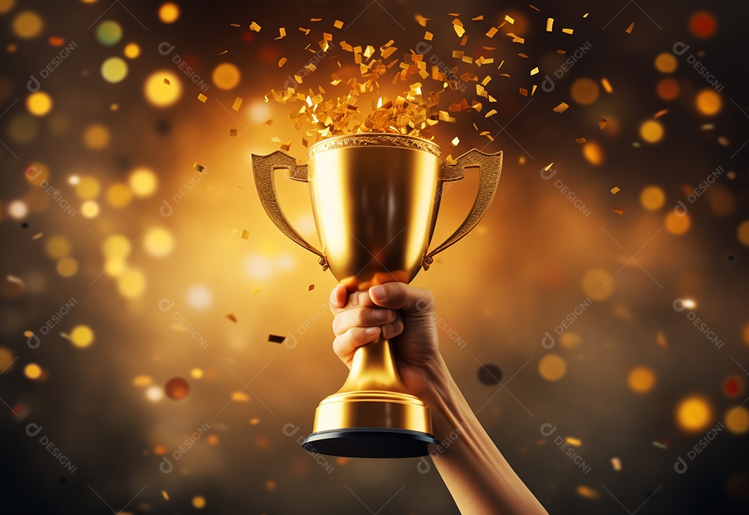 Mão segurando a taça do troféu de ouro com confete comemorar