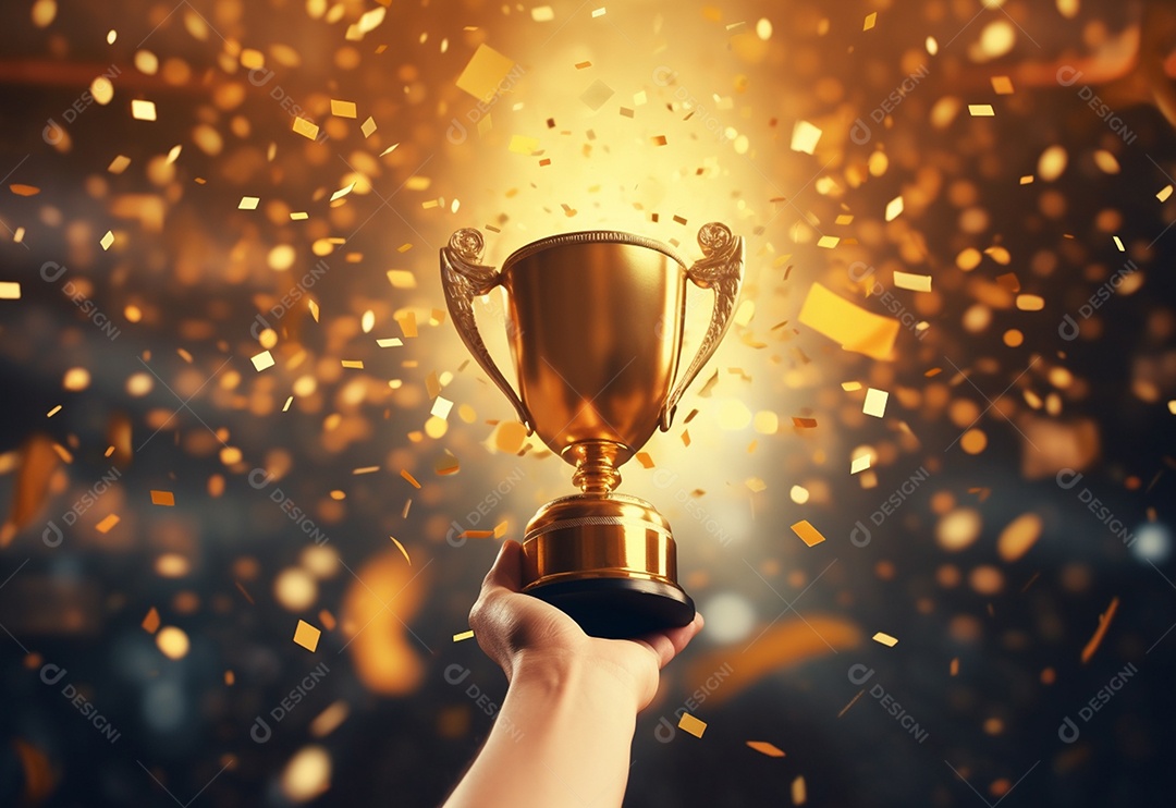 Mão segurando a taça do troféu de ouro com confete comemorar