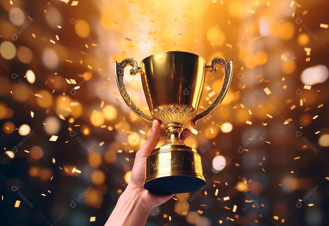 Mão segurando a taça do troféu de ouro com confete comemorar