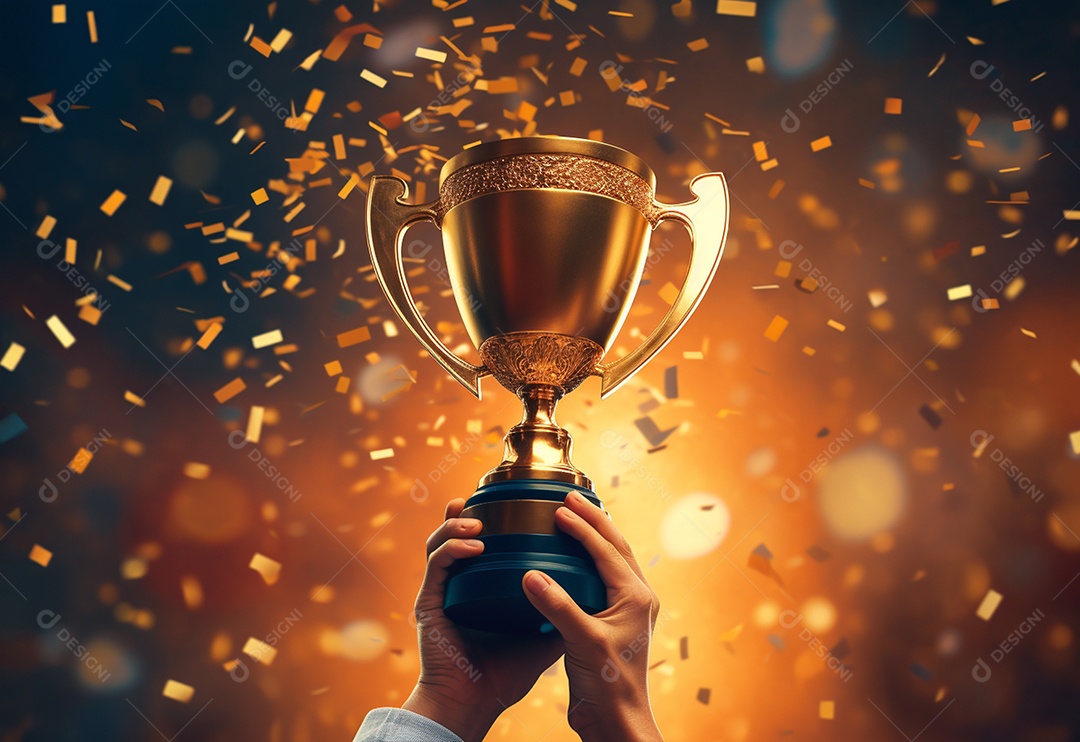 Mão segurando a taça do troféu de ouro com confete comemorar