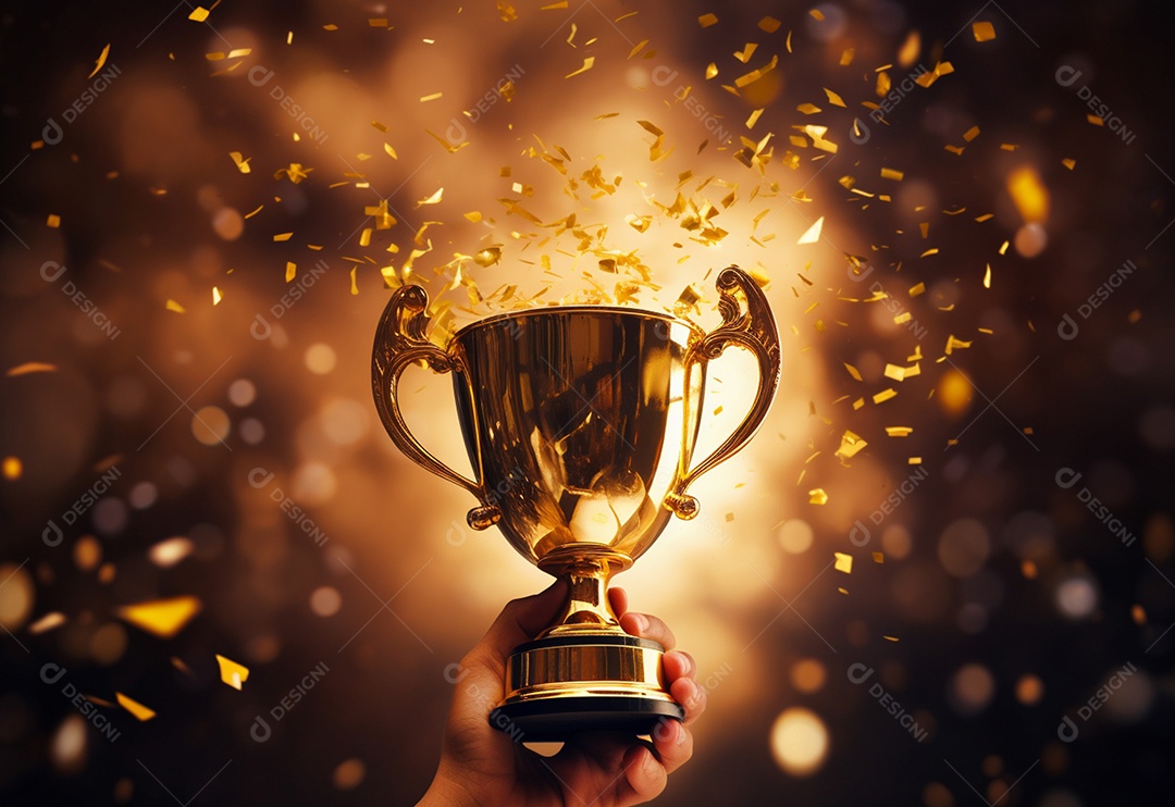 Mão segurando a taça do troféu de ouro com confete comemorar