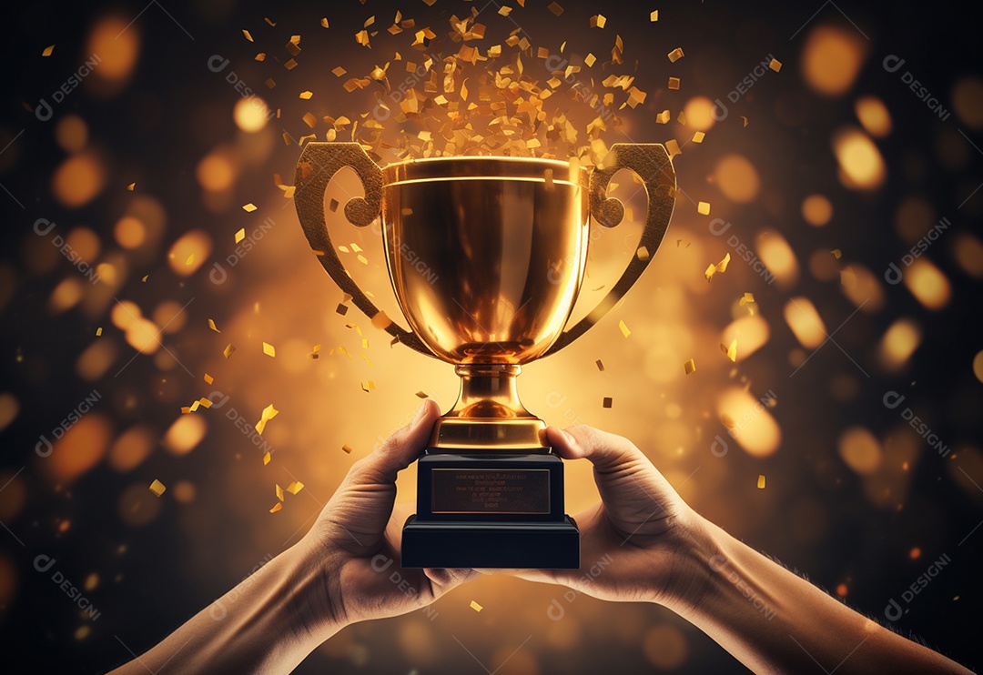 Mão segurando a taça do troféu de ouro com confete comemorar