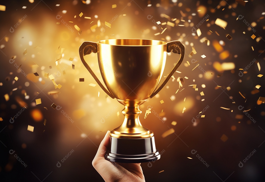 Mão segurando a taça do troféu de ouro com confete comemorar