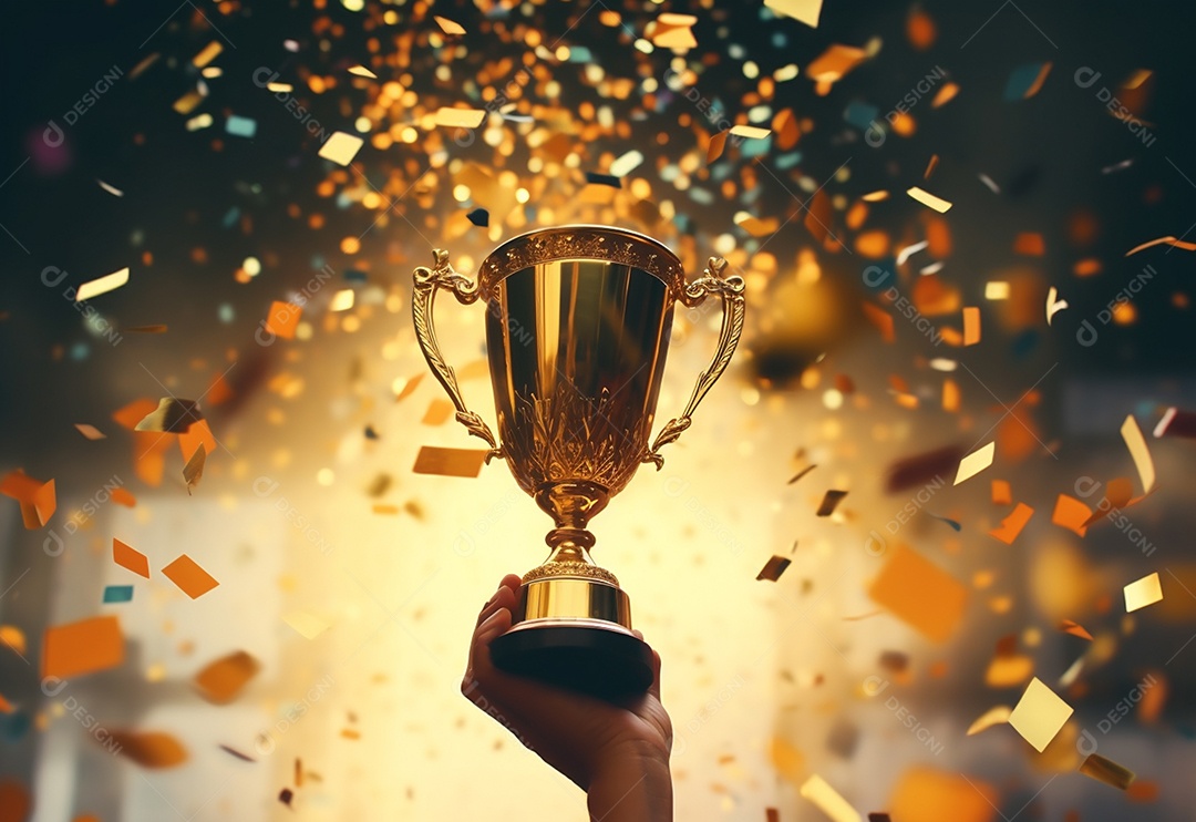 Mão segurando a taça do troféu de ouro com confete comemorar