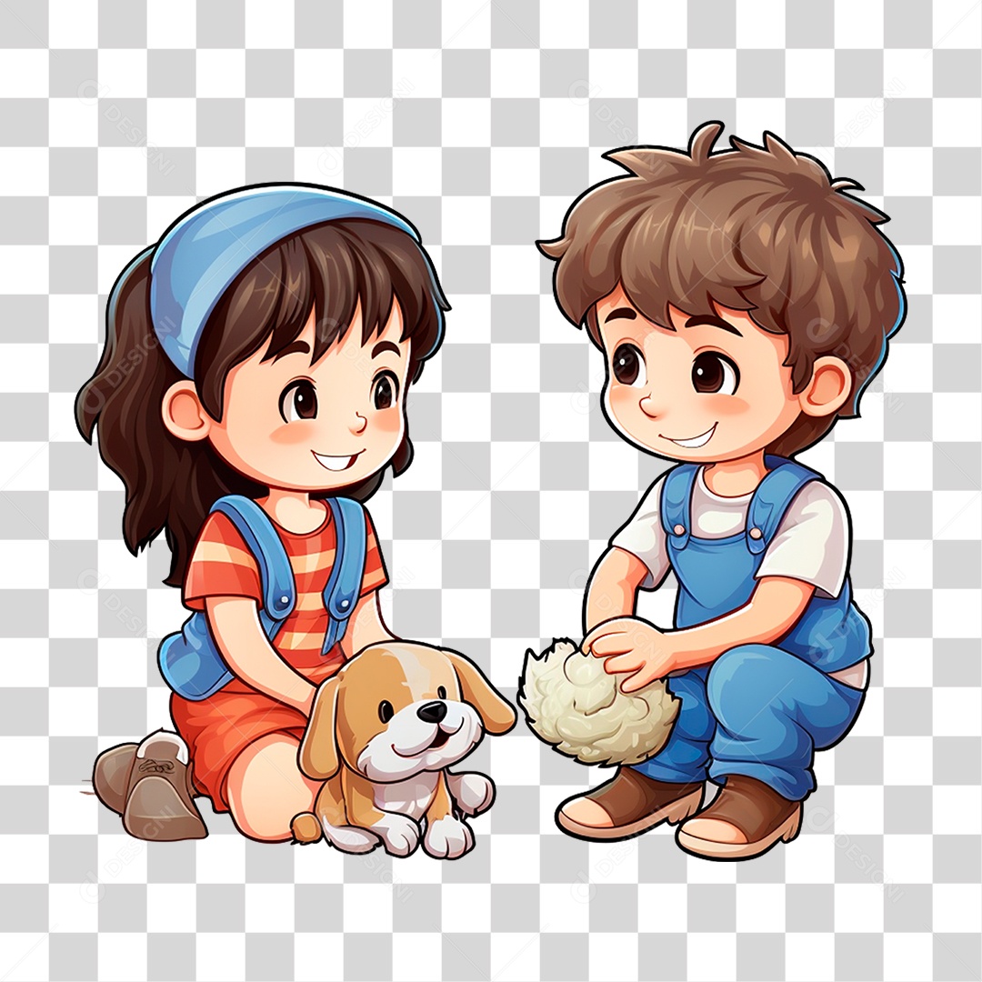 Menino e Menina Brincando Cartoon PNG Transparente