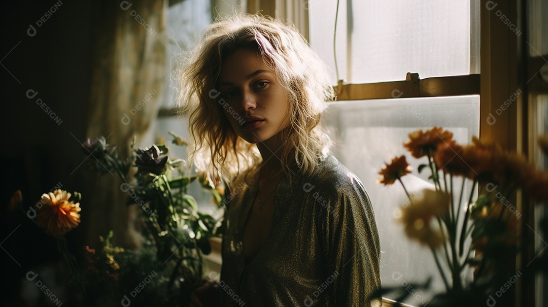 Retrato analógico de uma linda mulher posando artística