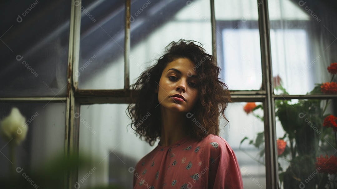 Retrato analógico de uma linda mulher posando artística