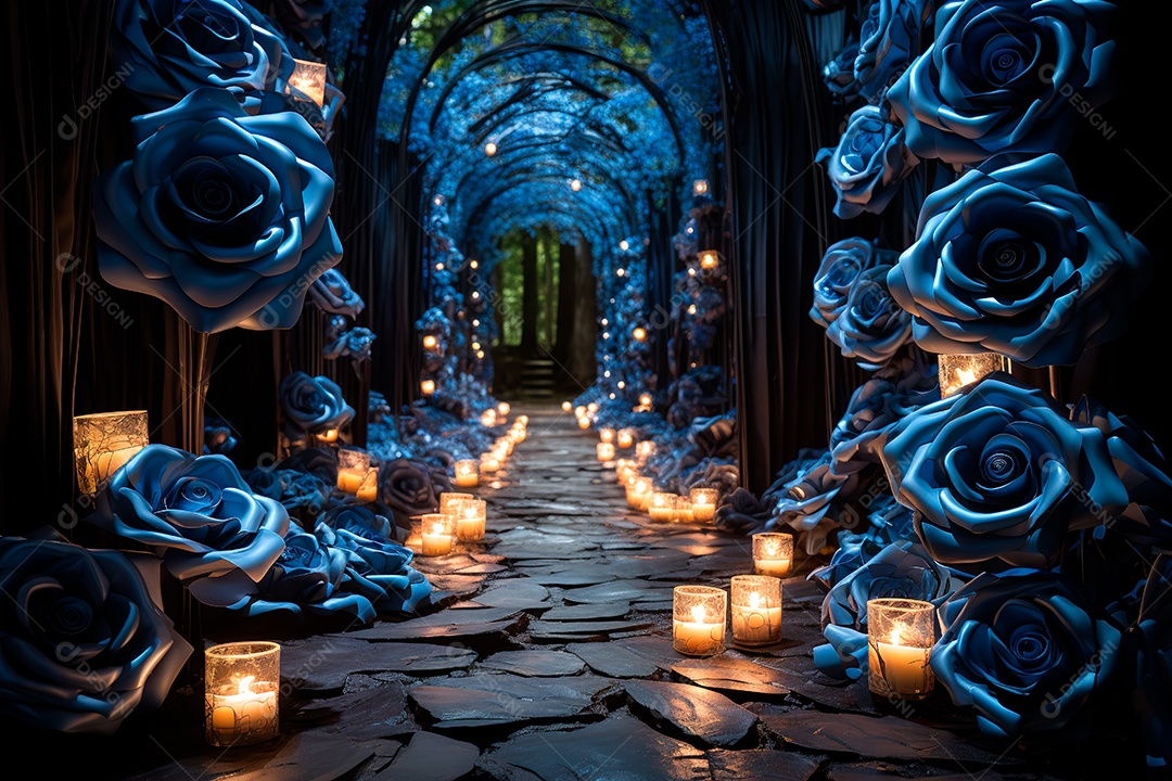 Imagem de fundo do túnel, caminho de rosas azuis