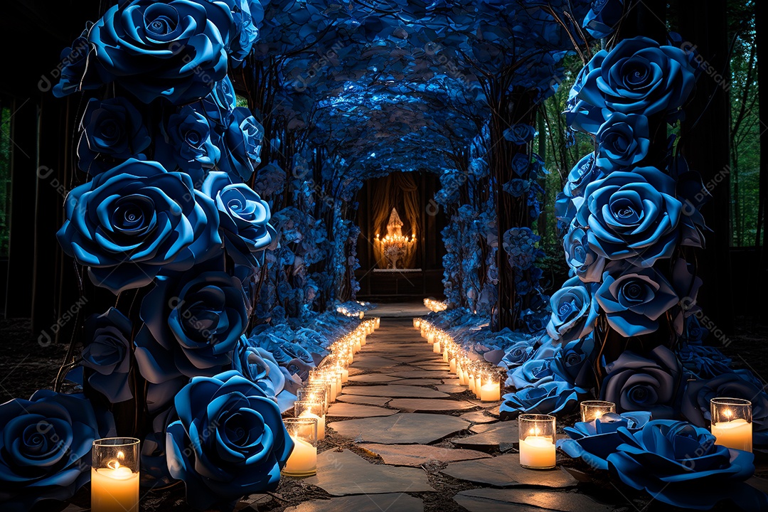 Imagem de fundo do túnel, caminho de rosas azuis