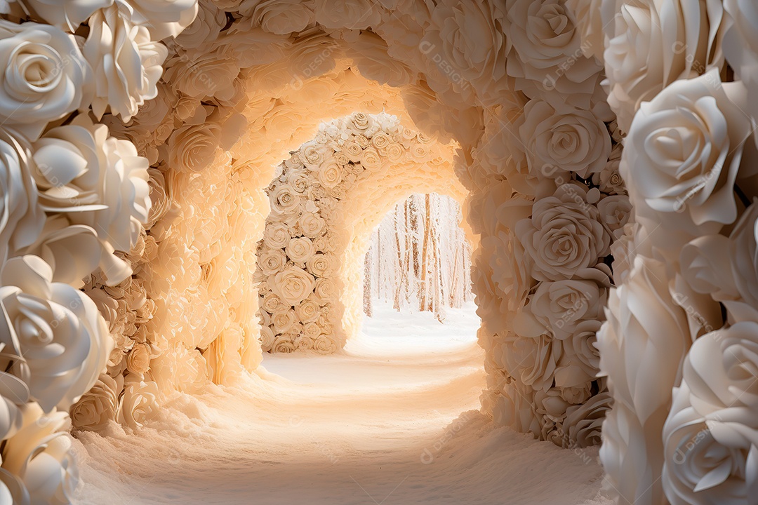 Imagem de fundo do túnel, caminho de rosas brancas