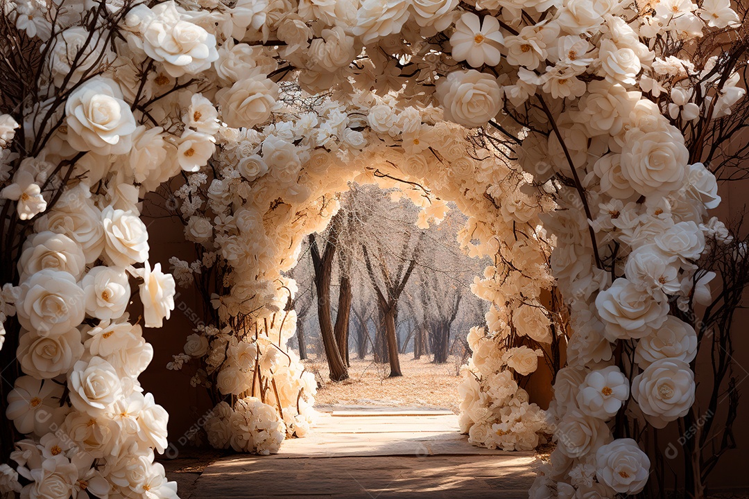 Imagem de fundo do túnel, caminho de rosas brancas