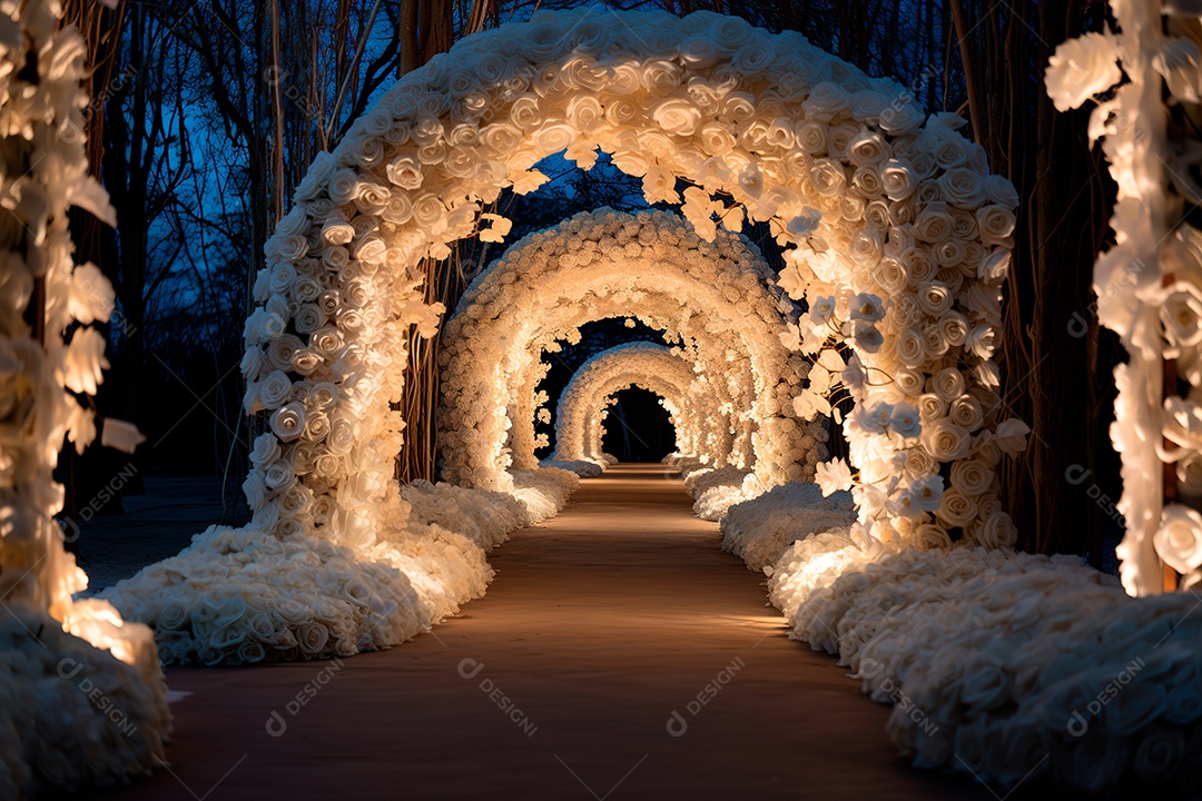 Imagem de fundo do túnel, caminho de rosas brancas