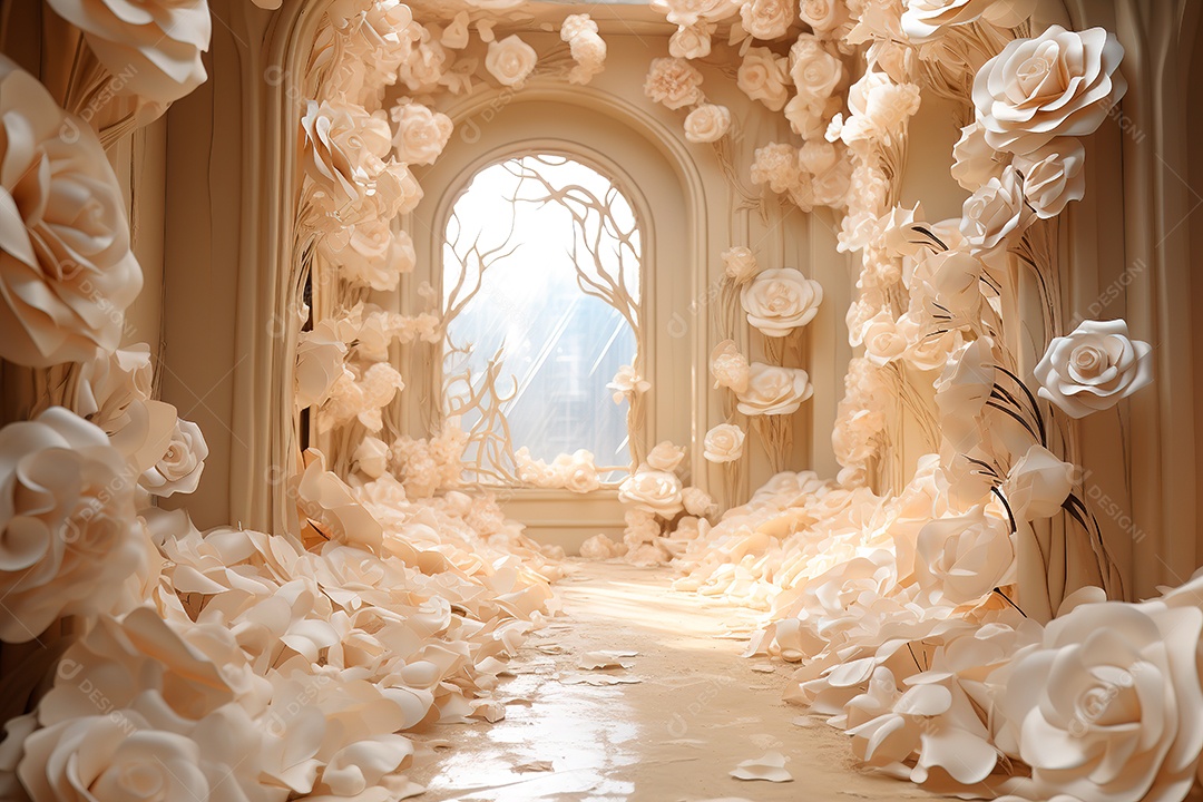 Imagem de fundo do túnel, caminho de rosas brancas