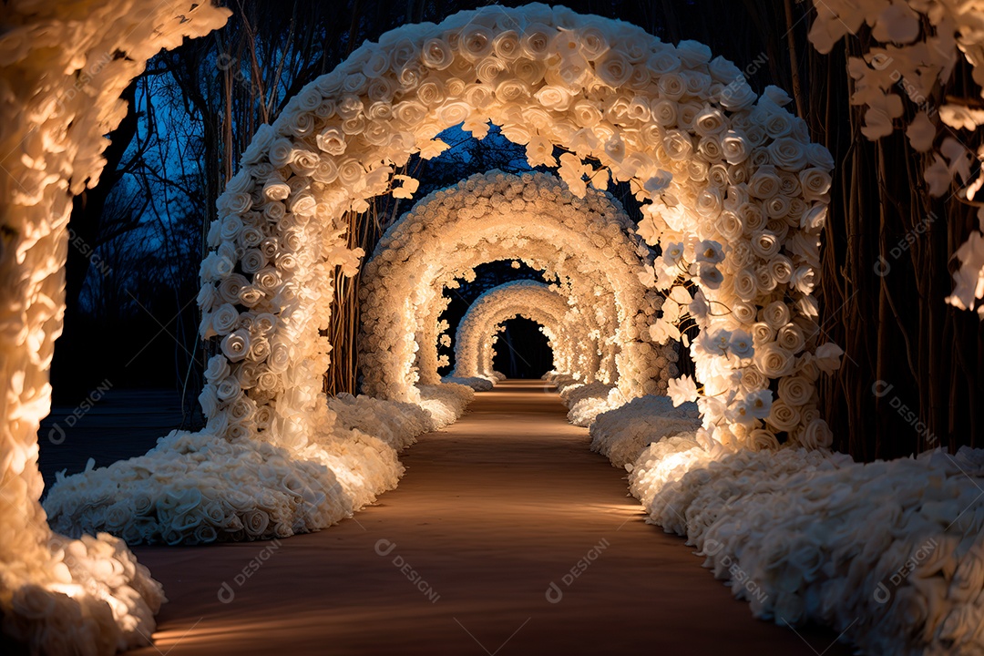 Imagem de fundo do túnel, caminho de rosas brancas