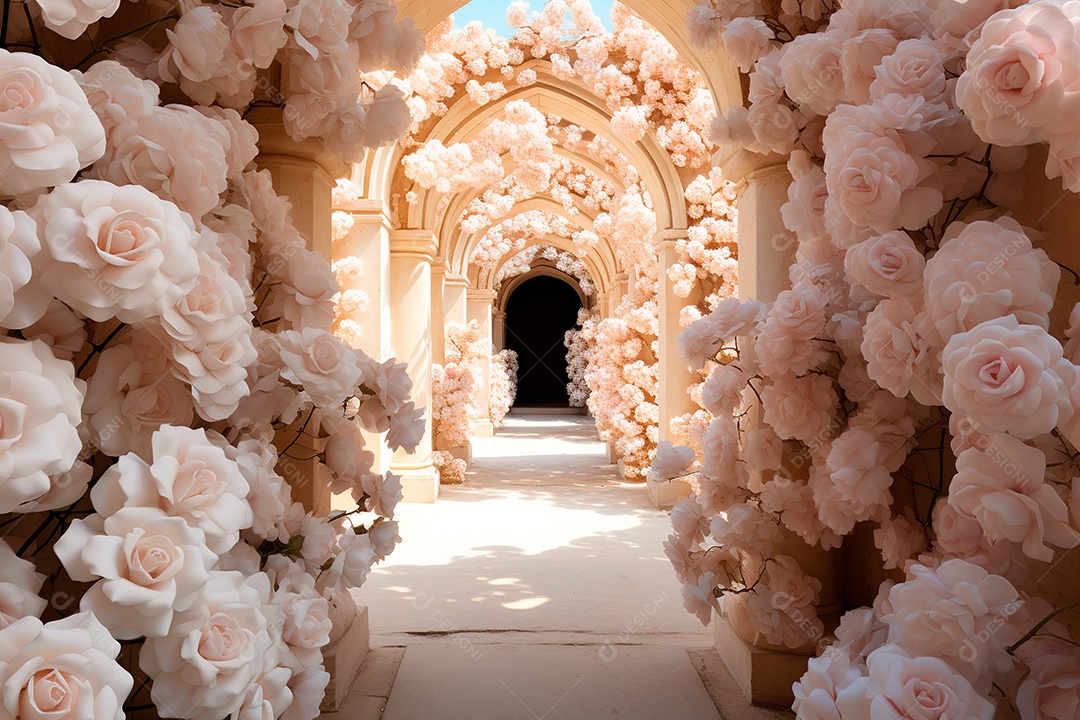 Imagem de fundo do túnel, caminho de rosas brancas