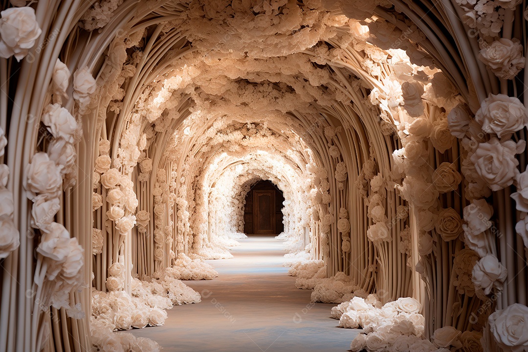 Imagem de fundo do túnel, caminho de rosas brancas