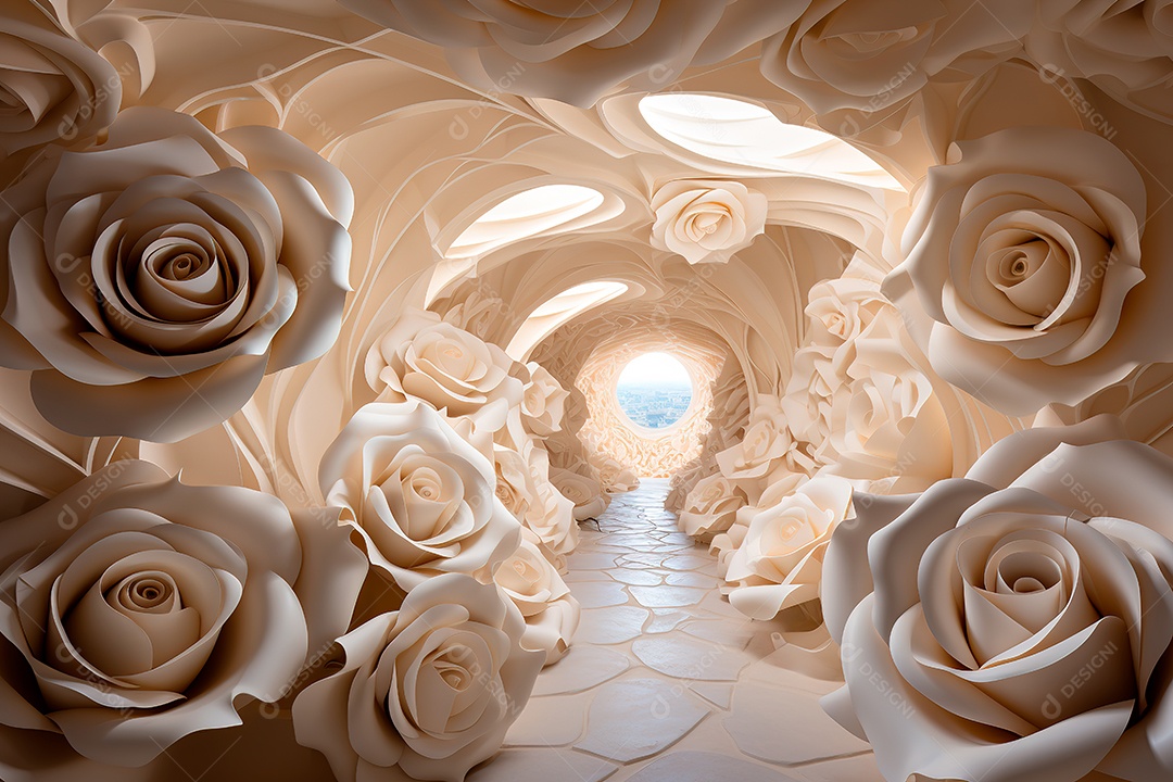 Imagem de fundo do túnel, caminho de rosas brancas