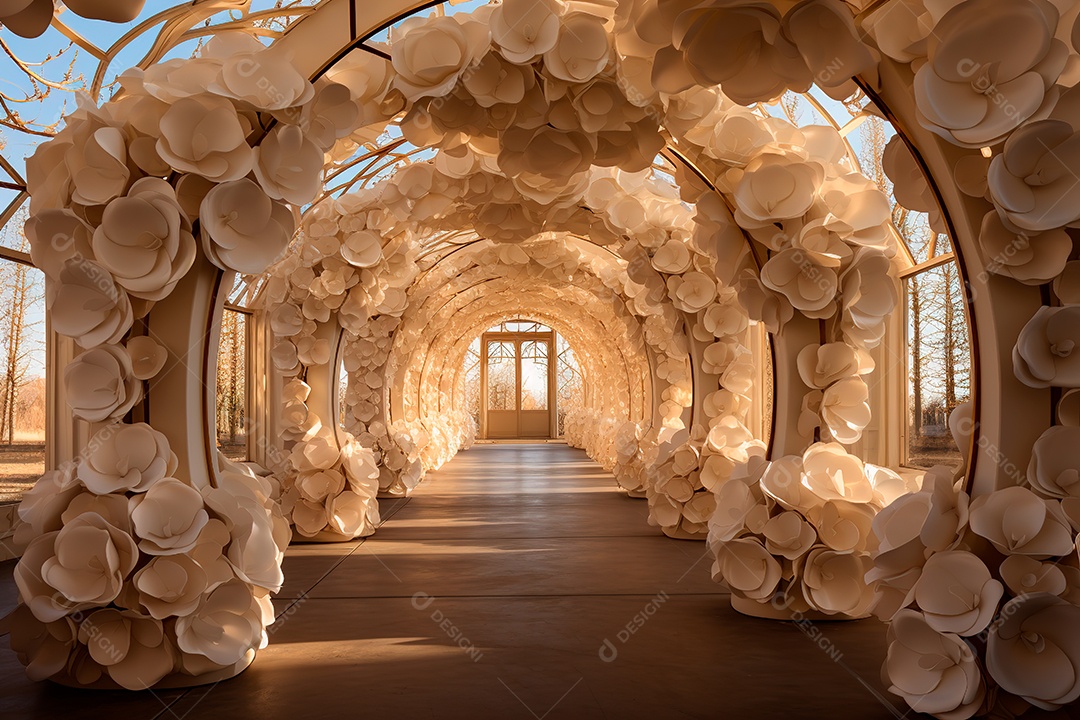 Imagem de fundo do túnel, caminho de rosas brancas