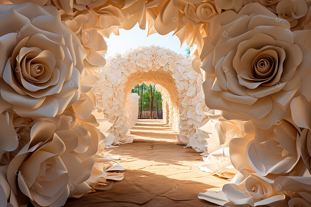 Imagem de fundo do túnel, caminho de rosas brancas