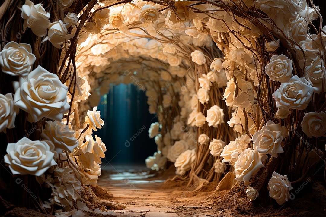 Imagem de fundo do túnel, caminho de rosas brancas