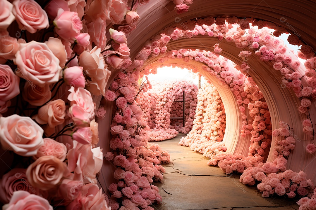 Imagem de fundo do túnel, caminho de rosas cor de rosa