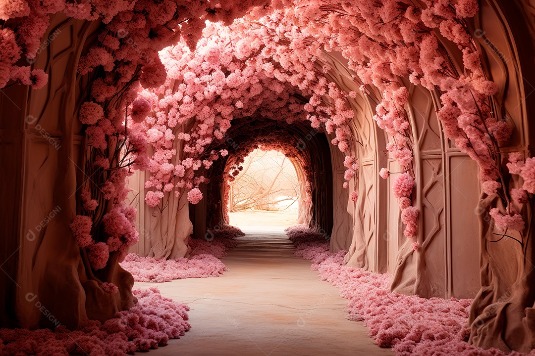 Imagem de fundo do túnel, caminho de rosas cor de rosa
