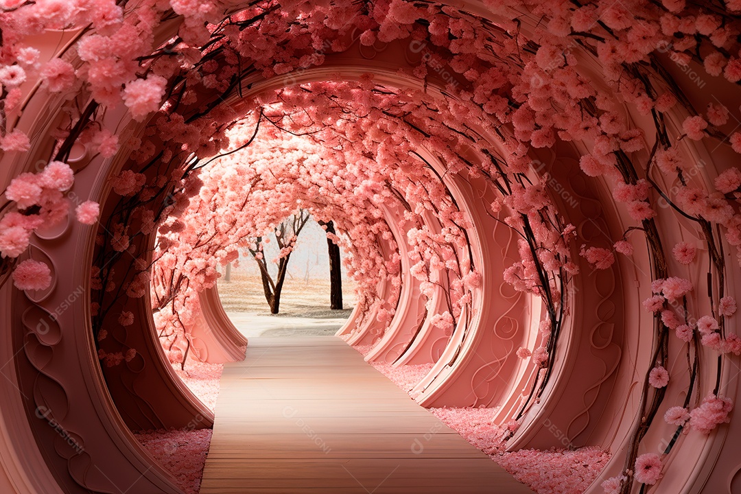 Imagem de fundo do túnel, caminho de rosas cor de rosa
